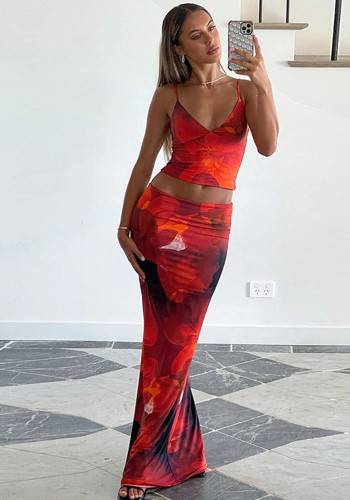 Women Summer Sexy Print Suspender Top Bodycon SkirtTwo Piece Set