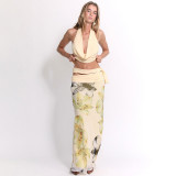 Women Spring Summer Sexy Backless Halter Neck Top Print Long Skirt Three-Piece