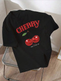 Women Summer Cherry Print White Round Neck Short Sleeve T-Shirt