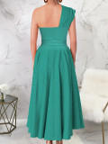 Women's Fashion Elegance Slash Shoulder Slit Solid Color Belt Long Dress