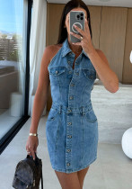 Summer single-breasted Turndown Collar sleeveless Slim Waist fashionable Denim dress women's clothing