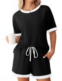 Women's summer Ribbed color matching pajamas short sleeve home clothes Shorts Set