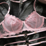 Women Pink Embroidered Heart Print Halter Neck Sexy LingerieTwo Piece Set