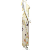 Women Spring Summer Sexy Backless Halter Neck Top Print Long Skirt Three-Piece