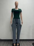Fashion Irregular hollow Patchwork zipper Beaded elastic Denim pants