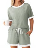 Women's summer Ribbed color matching pajamas short sleeve home clothes Shorts Set