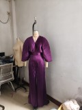 Women Pleated V-Neck Bat Sleeves Shirt and Pants Two Piece Set