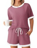 Women's summer Ribbed color matching pajamas short sleeve home clothes Shorts Set