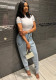 Fashion Irregular hollow Patchwork zipper Beaded elastic Denim pants