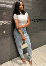 Fashion Irregular hollow Patchwork zipper Beaded elastic Denim pants Fashion Irregular hollow Patchwork zipper Beaded elastic Denim pants