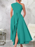 Women's Fashion Elegance Slash Shoulder Slit Solid Color Belt Long Dress