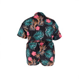 Plus Size Women's Summer Short Sleeve Tropical Print Shirt High Waist Shorts Two-piece Set