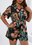 Plus Size Women's Summer Short Sleeve Tropical Print Shirt High Waist Shorts Two-piece Set