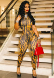 Women's clothing sexy striped print back hollow short sleeve Jumpsuit
