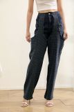 Fashion Irregular hollow Patchwork zipper Beaded elastic Denim pants