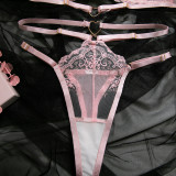 Women Pink Embroidered Heart Print Halter Neck Sexy LingerieTwo Piece Set