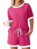 Women's summer Ribbed color matching pajamas short sleeve home clothes Shorts Set