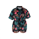 Plus Size Women's Summer Short Sleeve Tropical Print Shirt High Waist Shorts Two-piece Set
