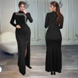 Women Sexy Slit Diamond Chain Long Sleeve Dress