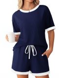 Women's summer Ribbed color matching pajamas short sleeve home clothes Shorts Set