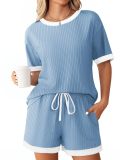 Women's summer Ribbed color matching pajamas short sleeve home clothes Shorts Set