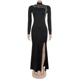 Women Sexy Slit Diamond Chain Long Sleeve Dress