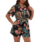 Plus Size Women's Summer Short Sleeve Tropical Print Shirt High Waist Shorts Two-piece Set