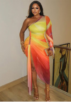 Women's pleated color matching slit slim irregular Slash Shoulder one-shoulder long sleeve fashion dress