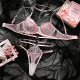 Women Pink Embroidered Heart Print Halter Neck Sexy LingerieTwo Piece Set