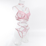 Women Pink Embroidered Heart Print Halter Neck Sexy LingerieTwo Piece Set