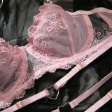 Women Pink Embroidered Heart Print Halter Neck Sexy LingerieTwo Piece Set