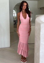 Sexy deep V neck Strap Halter Neck women Low Back long dress