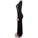 Women Sexy Slit Diamond Chain Long Sleeve Dress