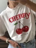 Women Summer Cherry Print White Round Neck Short Sleeve T-Shirt