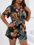 Plus Size Women's Summer Short Sleeve Tropical Print Shirt High Waist Shorts Two-piece Set