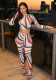 Summer fashion contrast color print Round Neck long sleeve top Tight Fitting Butt Lift pants Two Piece Set