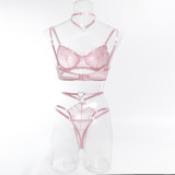 Women Pink Embroidered Heart Print Halter Neck Sexy LingerieTwo Piece Set