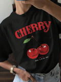 Women Summer Cherry Print White Round Neck Short Sleeve T-Shirt