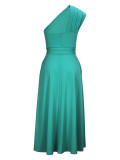Women's Fashion Elegance Slash Shoulder Slit Solid Color Belt Long Dress