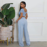Women Sexy Open Waist U Neck Top and Wide Leg Pants Two Piece Set