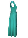 Women's Fashion Elegance Slash Shoulder Slit Solid Color Belt Long Dress