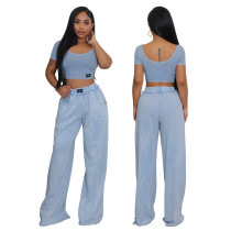 Women Sexy Open Waist U Neck Top and Wide Leg Pants Two Piece Set