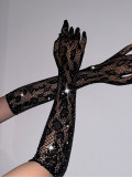 Fashionable sexy Beaded leopard print fishnet black elastic diamond gloves accessories