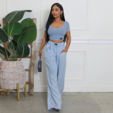 Women Sexy Open Waist U Neck Top and Wide Leg Pants Two Piece Set