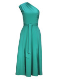 Women's Fashion Elegance Slash Shoulder Slit Solid Color Belt Long Dress