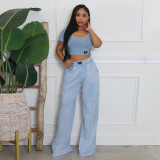 Women Sexy Open Waist U Neck Top and Wide Leg Pants Two Piece Set