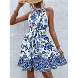 Women Floral Halter Neck Sleeveless Dress