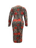 Women Printed V-Neck Long Sleeve Sexy Bodycon Dress