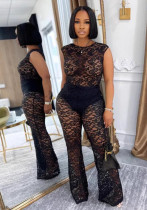 Women Elegant See-Through Lace Top and Pants Two Piece