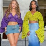 Women Pleated Bubble Long Sleeve V-Neck Crop Top
